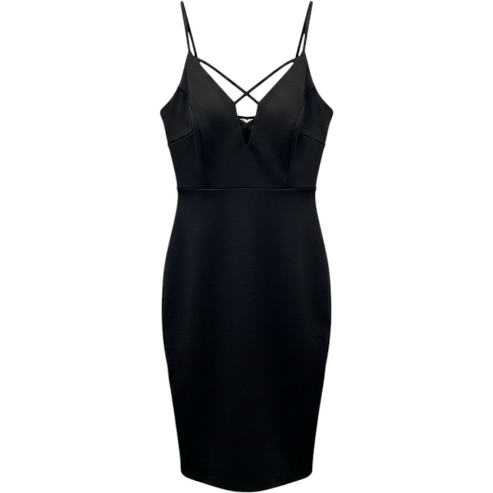 Stella Luce Bodycon Dress Womens XL Black Deep V-Neck Caged Strappy Cocktail LBD